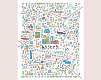 Durham, North Carolina Illustrated Map Art Print – Cityscape Home Decor