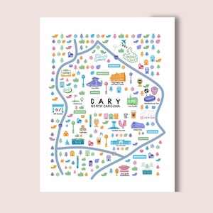 Cary North Carolina Illustrated Map Print - Cary Art Print, Housewarming Christmas Holiday Graduation Gift
