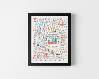 Raleigh Christmas Map Art Print | Illustrated Holiday Decor