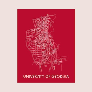 May include: A red and white map of the University of Georgia. The map is a detailed outline of the campus, with streets and buildings. The words "UNIVERSITY OF GEORGIA" are printed in white at the bottom of the image.