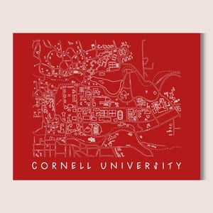 May include: A red print featuring a detailed white line drawing of a university campus map. The text "CORNELL UNIVERSITY" is printed in white at the bottom of the image. The map shows buildings, roads, and green spaces.