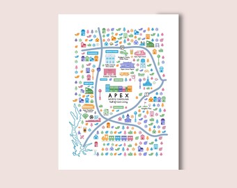 Apex North Carolina Map Art Print - Illustrated Town Landmarks