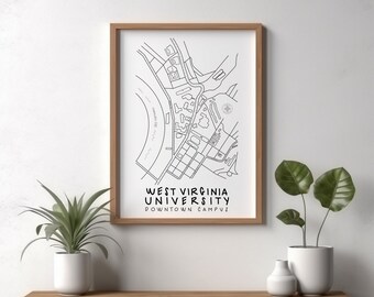 West Virginia University Downtown Campus Minimalist Map Print - Mountaineers Wall Art Decor - Graduation Holiday College Gift - Clean Design