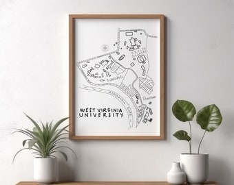 West Virginia University Minimalist Map Print - Mountaineers Wall Art Decor - Graduation Holiday College Gift - Clean Design