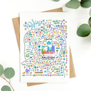 RALEIGH NC 5x7 Postcard, Raleigh Illustrated Map Art Print, Raleigh Cityscape Postcard