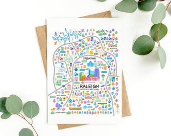 Raleigh NC Postcard, Illustrated City Map Art Print (5x7)