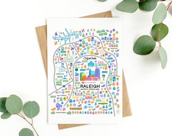 RALEIGH NC 5x7 Postcard, Raleigh Illustrated Map Art Print, Raleigh Cityscape Postcard