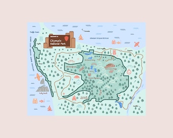 Olympic National Park Illustrated Map - Pacific Northwest Wall Art