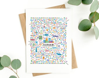 Durham NC Illustrated Map Postcard, Cityscape Art Print (5x7)