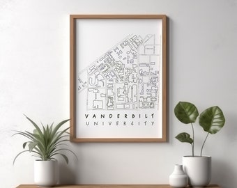 Impression de carte minimaliste de l’Université Vanderbilt - Décor d’art mural Commodores - Cadeau de fin d’études universitaire - Design épuré
