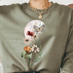 Flower Sweatshirt, Flower Hoodie, Moon Hoodie, Womens Sweatshirt, Boho Floral Unisex Sweatshirt, Plant Women&#39;s Minimalist Flower Sweater