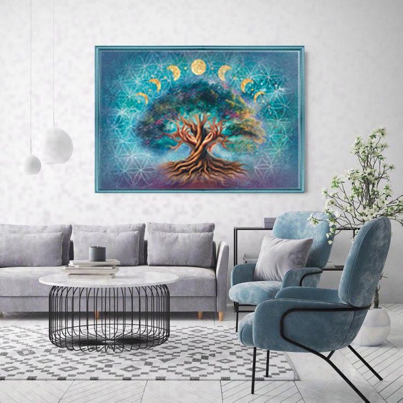 Tree of Life With Moon Phases and Flower of Life | Spiritual Wall Art ...