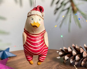 Goose in pajamas Christmas papier-mache ornament, handmade paper mache decor, hanging paper mache decor, Papier-mâché gift.