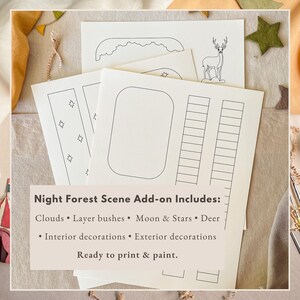 May include: White paper sheets featuring black line art templates for a night forest scene. The designs include a deer, clouds, stars, and various geometric shapes for crafting. Text on the sheets reads: Night Forest Scene Add-on Includes.
