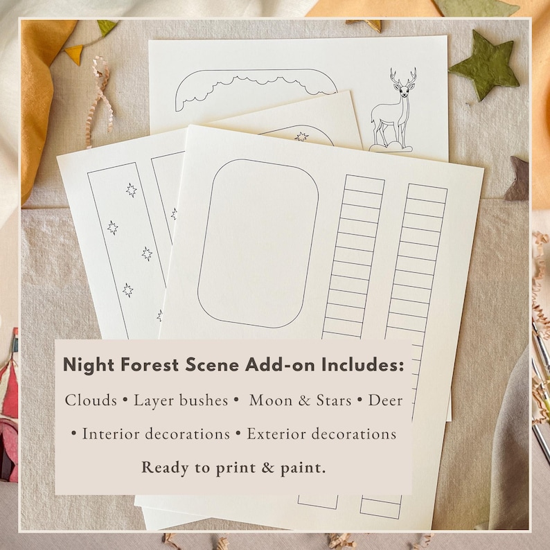 May include: White paper sheets featuring black line art templates for a night forest scene. The designs include a deer, clouds, stars, and various geometric shapes for crafting. Text on the sheets reads: Night Forest Scene Add-on Includes.