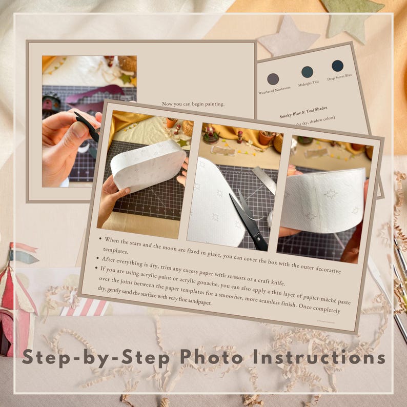 May include: A set of step-by-step photo instructions for a craft project, featuring images of hands applying paper templates to a box, cutting with scissors, and a color palette guide with labels for Weathered Mushroom, Midnight Teal, and Deep Storm Blue.