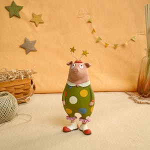 Papier-Mâché Clown Pig Figurine: Unique Collectible Circus Art
