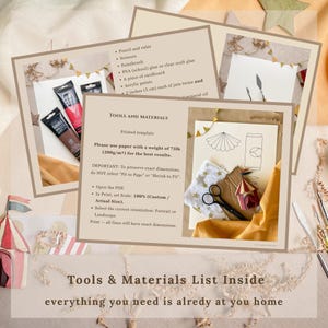 May include: A collage of craft supplies and instructions. The image includes paint tubes, scissors, a ruler, and a list of tools and materials. The text reads "Tools & Materials List Inside" and "everything you need is already at you home."