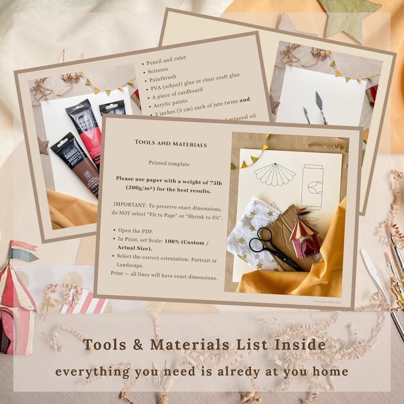 May include: A collage of craft supplies and instructions. The image includes paint tubes, scissors, a ruler, and a list of tools and materials. The text reads "Tools & Materials List Inside" and "everything you need is already at you home."