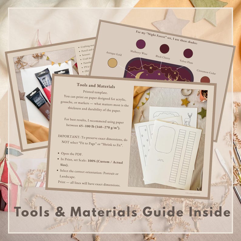 May include: A printed instructional guide for a Night Forest craft set, featuring color swatches labeled Antique Gold, Mulberry Wine, Black Cherry, Velvet Plum, and Cinnamon Cedar, alongside text detailing tools, materials, and printing instructions.
