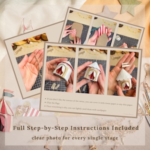 May include: A collage of photos showing step-by-step instructions for crafting miniature circus tents. The photos show hands working with materials like twine, cardboard, and paper. Text at the bottom reads "Full Step-by-Step Instructions Included" and "clear photo for every single stage."