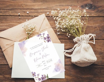 Floral Wedding Invitation Template: Purple, White & Greenery (Digital Download)