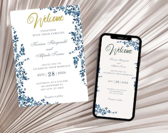 May include: A wedding invitation and a smartphone displaying a digital version. Both feature a floral design in blue and gold, with the word "Welcome" at the top. The invitation includes the names Korina Fitzgerald and Alfredo Torres, and the date August 28, 2024.