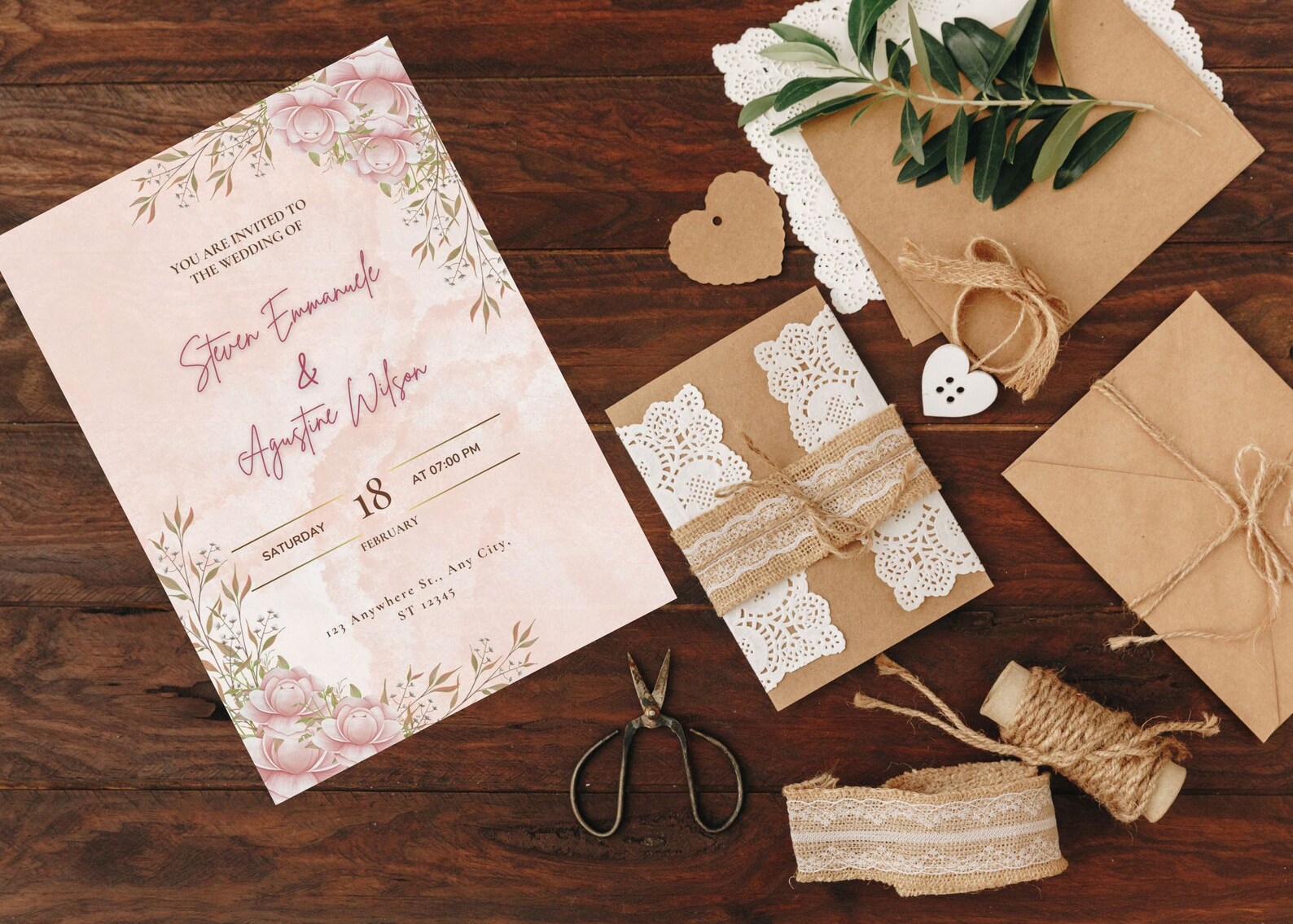 Pink Cream Floral Wedding Invitation Template, Classic Design Wedding