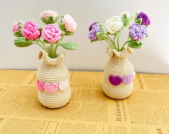 Handmade Crochet Flower Vase: Yarn Roses & Tulips, Home Decor
