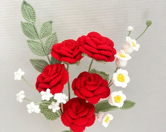 Crochet red pink rose bouquet, Knitted Birthday Flower Gift for