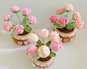 Crochet Potted Flower Set: Handmade Yarn Roses & Tulips
