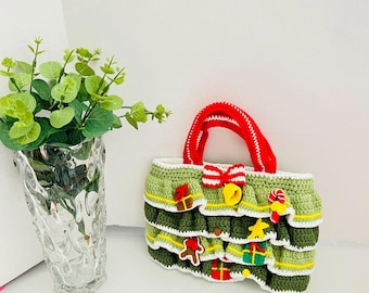 Crochet Christmas Tree Bag, Handmade Holiday Tote