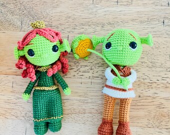 Crochet Shrek & Fiona amigurumi Doll: Handmade Cotton Plush (6 inches)