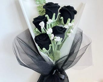 schwarze Rose+gehäkelte Blume+gehäkelter Blumenstrauß+Geburtstag Geschenk+romantisches Geschenk+Valentinstag Geschenk+Einweihungsparty+Hochzeit Geschenk+Liebe Ausdruck