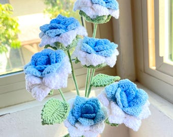 Handmade Blue Crochet Rose Bouquet: Everlasting Yarn Flowers