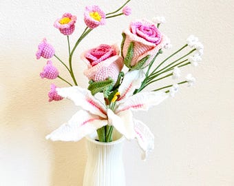 Handmade Crochet Flower Bouquet: Everlasting Yarn Roses, Lilies