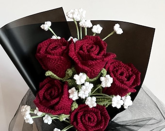 dark red rose+crochet flower+crochet bouquet+birthday gift+romantic present+valentine's day Gift++graduation gift+love expression