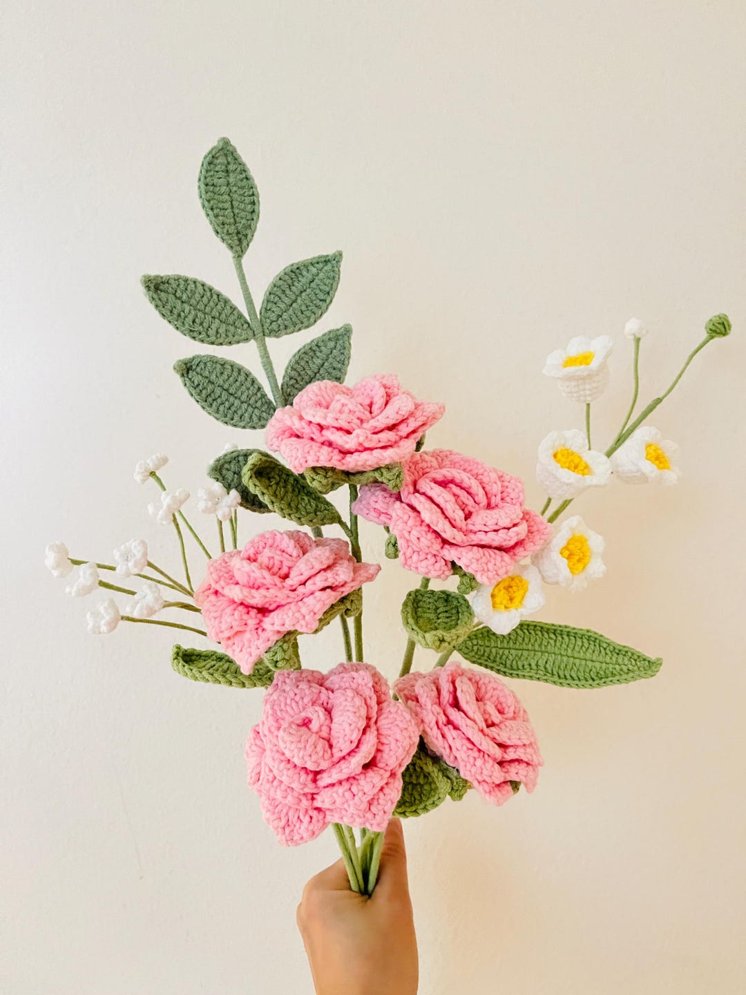 Pink Crochet Roses Handmade Pink Rose Crochet Bouquet: Everlasting Yarn Flowers Mother's ...
