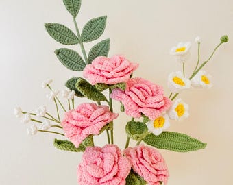 Handmade Pink Rose Crochet Bouquet: Everlasting Yarn Flowers mother's days gift, valentine's day gift