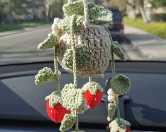 Adorno para espejo retrovisor de coche con forma de fresa, hecho a mano, de crochet