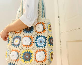 Handmade Crochet Granny Square Tote Bag: Large Shoulder Bag