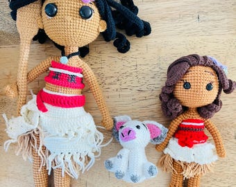 Crochet Moana amigurumi Doll: Handmade Cotton Plush (12inches and 6.5 inches)