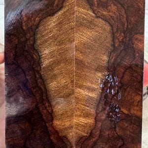 May include: Two pieces of wood with a rich, dark brown color and intricate grain patterns. The wood has a polished, glossy finish, with lighter brown and tan hues in the center. The wood's natural patterns create a unique, organic look.