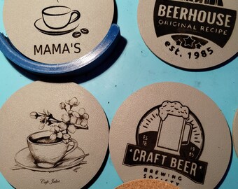 10 Custom Logo Coasters Large Set of Engraved Drinkware Make Perfect Home Decor for Summertime Cocktail Partys BBQs made of PUleather & cork