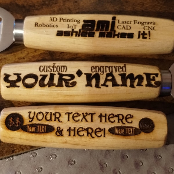 Personalized Beer Bottle Opener, Wooden Handle Barware, Laser Engraved anniversary gift, wedding favors or housewarming gifts for the couple