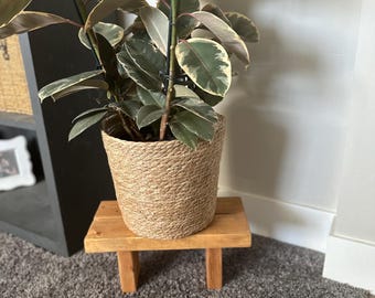 Op de afbeelding: Een bonte rubberplant in een bruine touwpot staat op een houten plantenstandaard. De plantenstandaard staat op een grijs tapijt.