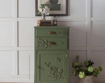SOLD-   Antique  Green Cabinet – Hand-Refinished Floral Appliqué Botanical Cottage Core Storage