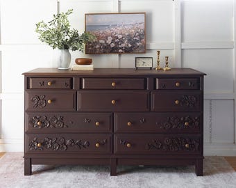 Dark Chocolate Floral Dresser | Solid Maple Kincaid | 10 Drawer | Botanical Appliqués | Brass Hardware | Pottery Barn Inspired