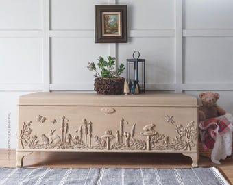 売却済…気まぐれな森の庭の風景を描いたアンティークの杉箱