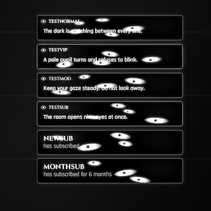 Könnte beinhalten: Ein schwarz-weißes StreamElements Chat-Widget-Overlay mit dem Titel Old Horror Chat Widget von MeiyoMayo. Es enthält blinzelnde Augen, Filmkörnung und benutzerdefinierte Felder. Die Oberfläche zeigt verschiedene Chat-Nachrichten mit grafischen Augensymbolen.
